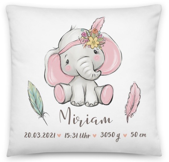 Kissen mit Geburtsdaten: Elefant rosa